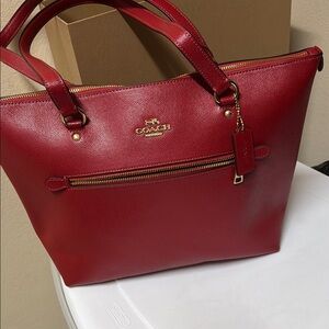 Coach Red Leather Tote with Gold Accents